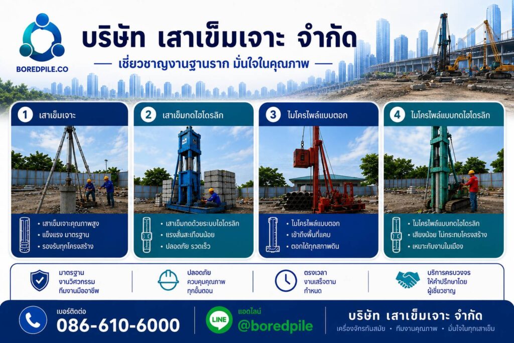 บริการเสาเข็มเจาะ เสาเข็มกดไฮดรอลิค ไมโครไพล์แบบตอก และไมโครไพล์แบบกดไฮดรอลิค โดยบริษัท เสาเข็มเจาะ จำกัด โทร 086-610-6000